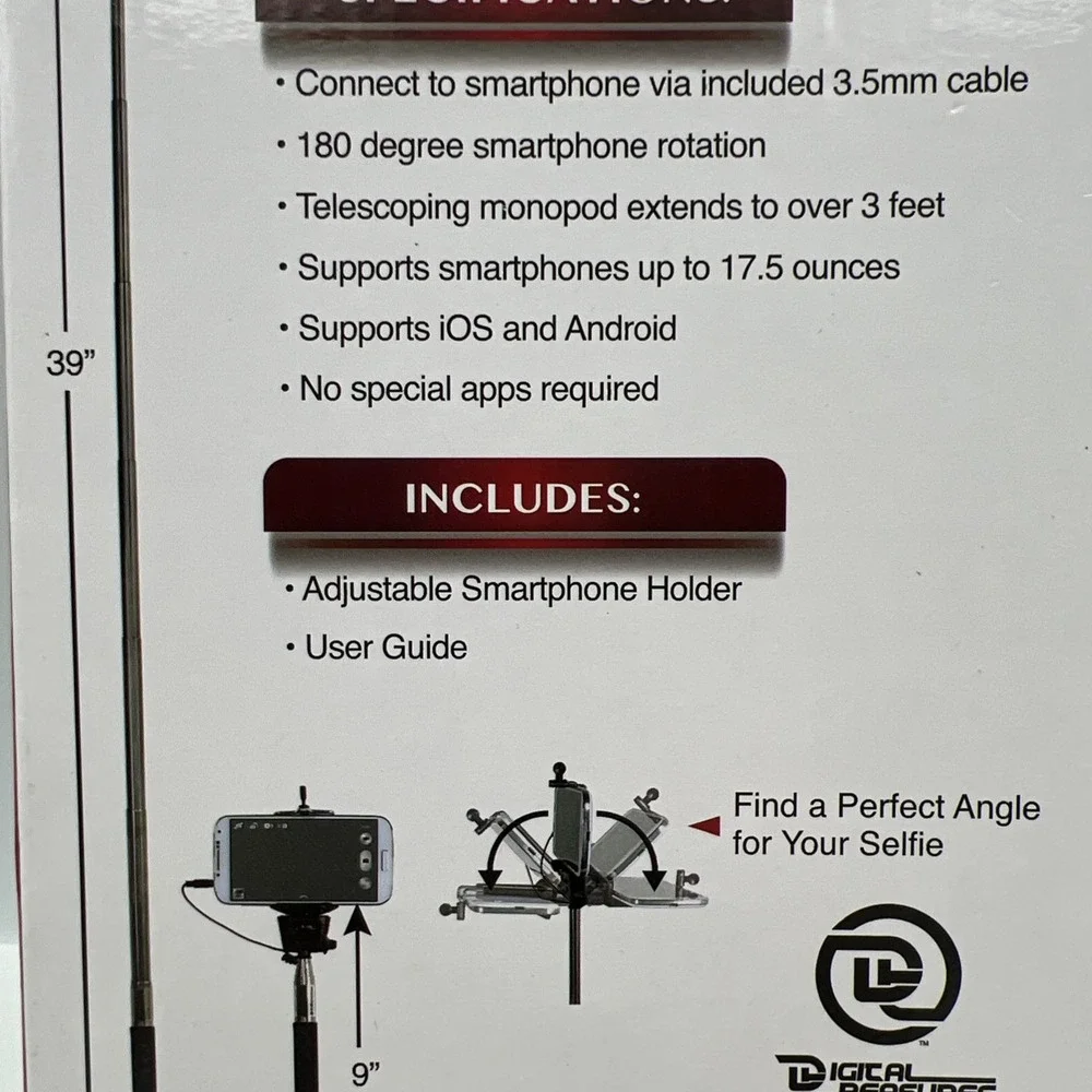 Selfie Stick Portable 39 Inch Android Or iPhone W/ Selfie Button W/ Device Mount